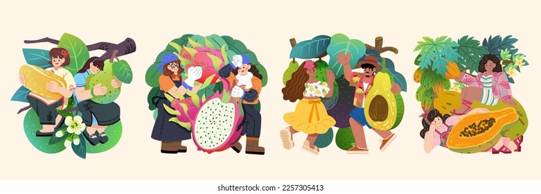 Illustration of miniature characters with fruits, including pomelo, dragon fruits, avocados, and papayas isolated on light beige background