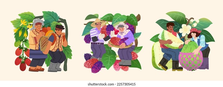 Illustration of miniature characters with fruits, including cherry tomato, mulberry and guava fruits isolated on light beige background