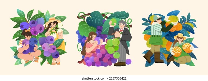 Illustration of miniature characters with fruits, including blueberry, grapes, and kumquats fruits isolated on light beige background