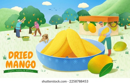 Illustration von Mini-Obstbauern, die eine riesige getrocknete Mango-Scheibe tragen und reife Mango von Baum pflücken. Tropische getrocknete Früchte und Vorlage