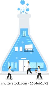 Illustration of a Miniature Glass Flask Science Building with Scientists Walking