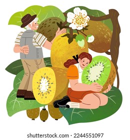 Illustration of miniature grandfather and granddaughter checking on kiwi fruit. Tropical fruits and character themed illustration.