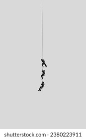 Illustration of minimal black and white man climbing a rope, abstract surreal concept