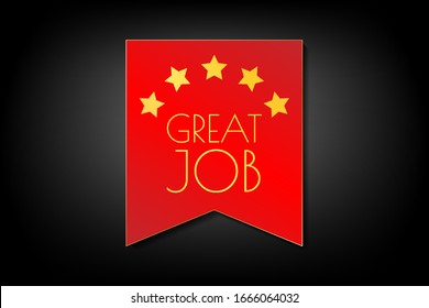 illustration minimal, gold color great job word with red color five star shape on flag geometric red background. vector dark mode metallic elegant luxury greeting card.