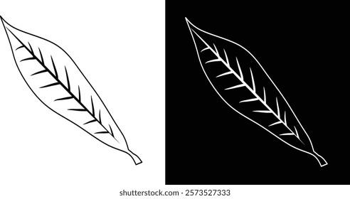 Illustration of a minimal style leaf depicted as a line art on contrasting backgrounds, black and white. doodle drawing