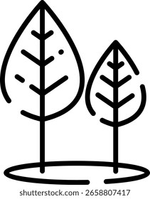 Illustration einer minimalen, stilisierten Blatt-Ikone in schwarzer Linie Kunst gezeigt, symbolisiert Natur, Einfachheit und umweltfreundliche Konzepte in einem modernen Design-Stil.