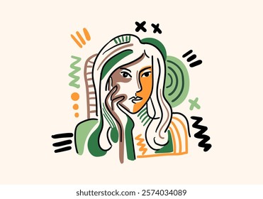 Illustration in a minimalist abstract style featuring a woman's face with bold, flowing lines and a blend of green, orange, and black accents.