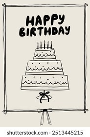 Ilustración de un diseño minimalista de tarjeta de cumpleaños en blanco y negro con un pastel escalonado y un mensaje de celebración