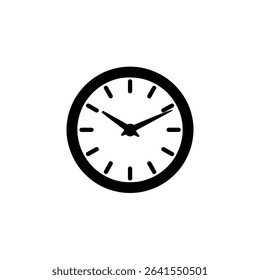 Illustration of a minimalist black and white clock face showing the time at ten minutes past nine. The clock has basic hour markers and hands.