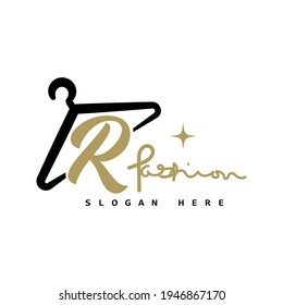 illustration of minimalist botique logo design . the elegant hanger icon initial capital letter R