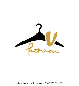 illustration of minimalist botique logo design . the elegant silhouette hanger icon initial capital letter V