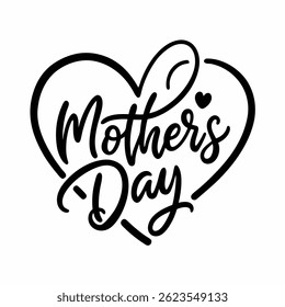 Illustration of a minimalist a calligraphy-style text "Happy Mother's Day" with a heart shape made of monoline strokes. The text is in black and placed on a white background.