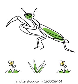 
illustration of minimalist cartoon green mantis. one-line art. vector