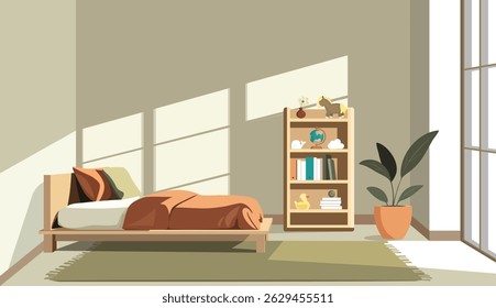 Ilustração de um interior minimalista do quarto das crianças com luz natural macia. Design plano, cores suaves, terracota, azeitona.