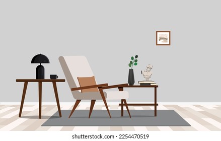 Illustration minimalist composition of elegant living room space with armchair, carpet, lamp and personal accessories. 
