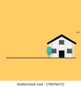 Illustration of minimalist house, tree, bird. Flat design