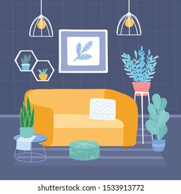  Illustration of minimalist interior with  furniture and plants. Trendy scandinavian hygge interior. Hand drawn illustration