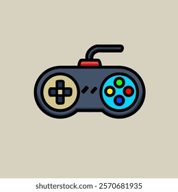 illustration of a minimalist joystick vector design, black in color with buttons having four different colors, wired joystick design.
