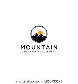 The illustration of Minimalist Landscape Hills Mountain Peaks vintage Vector logo design.