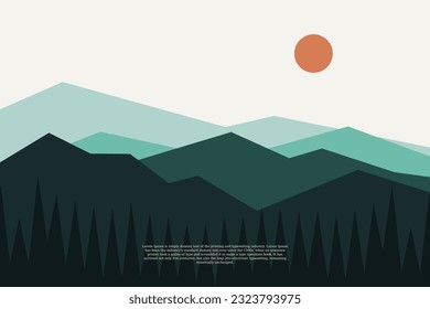 illustration of a minimalist landscape with a horizontal view of a mountain, moon and hill, suitable for wall art etc. flat design style. digital drawing