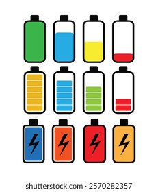 Illustration of a minimalist set of icons different battery charge levels and charging statuses, Battery charge flat icons in multiple colors. Battery charging, charge indicator.