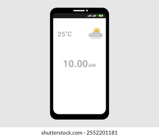 Illustration, minimalist smartphone interface showing temperature and sunny-cloudy icons. Suitable for UI design, technology concepts, weather apps, or digital tools presentations.
