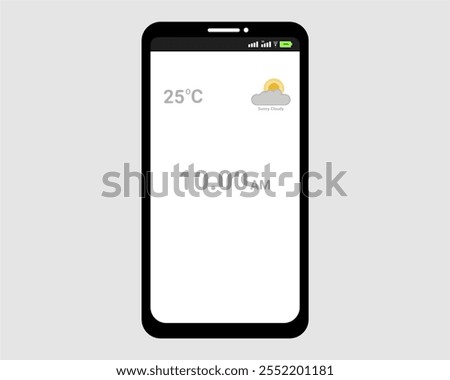 Illustration, minimalist smartphone interface showing temperature and sunny-cloudy icons. Suitable for UI design, technology concepts, weather apps, or digital tools presentations.
