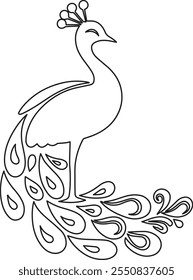 Illustration of a minimalist style peacock drawn as line art with artistic designs in its feathers, symbolizing grace and beauty in a decorative framework for artistic applications.