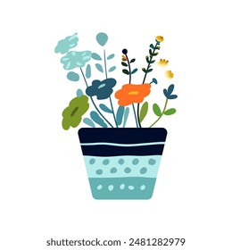 Ilustración de flores delicadas minimalistas plantadas en una olla, representadas en un encantador estilo folclórico. Conveniente para la impresión, la decoración, la impresión del cartel, y la decoración casera.