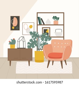 Illustration of minimalistic interior with mid century modern furniture and plants. Trendy scandinavian hygge living room interior. Flat vector illustration