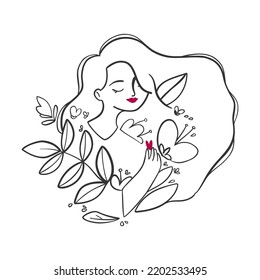 Illustration in a minimalistic linear style with a beautiful female portrait in flowers. For hairdressers, beauty salons, organic cosmetics, SPA, printing, jewelry store.