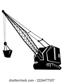 Illustration of a mining crane or mining hoist with boom viewed from low angle side on isolated background done in black and white retro woodcut style.