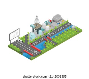  Illustration Of A Mining Site Near A River In Isometric Style