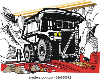 Illustration of mining truck at work in open cast mine. 