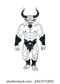 illustration of a minotaur. Mythical creature. A bull with a human body. A man with a bull's head. Ancient Greek character. Vector illustration. Line drawing. Taurus logo.