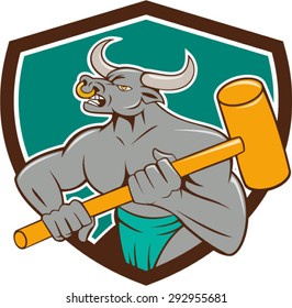 Illustration of a minotaur, mythological creature with the head of a bull and body of a man, holding a sledgehammer set inside shield crest on isolated background done in cartoon style.