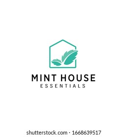 Illustration of mint abstract leaves that look fresh in a house sign logo design.