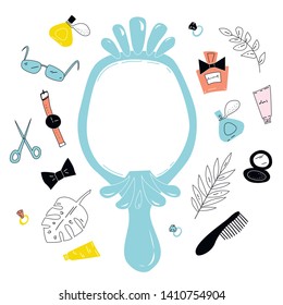 Illustration of mirror surrounded by beauty related objects. Hand drawn design for paper, crafts, cards, textile.