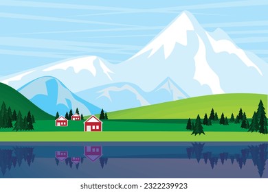Illustration mirror of Three red huts on green hill with mountains background and soft blue sky .