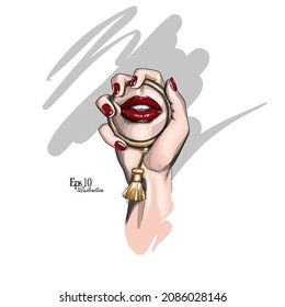 Illustration. mirror in a woman's hand with reflection of her lips. i'm perfect text 