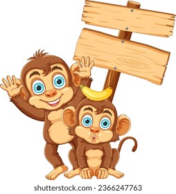 Illustration of a mischievous monkey holding a wooden board sign