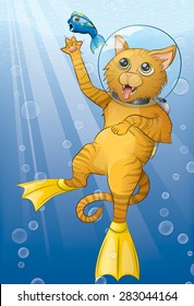 Illustration of a mischievous tabby cat wearing scuba gear clawing at a terrified fish.  Rays of light beam down through the waves while bubbles float up around the characters from below.