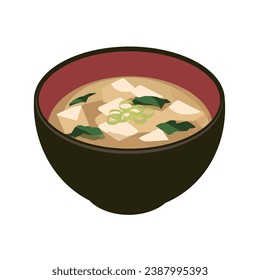 Illustration of miso soup of tofu and wakame seaweed, Vector illustration