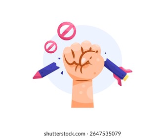 Abbildung einer Rakete, die gehalten wird, bis sie bricht. Rakete wird gestanzt, bis sie bricht. Kriegsgegner- oder Kriegsstopp-Konzept. Ablehnung und Protest. Kriegswaffen. flaches Design. weißer Hintergrund