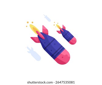 Ilustración de misiles cayendo. fuego de cohete. misiles nucleares volando. armas de guerra y bombas. diseño de estilo plano. fondo blanco. activos de elementos