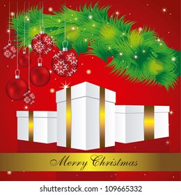 Illustration of mistletoe with Christmas gifts, balls and flowers, vector illustration