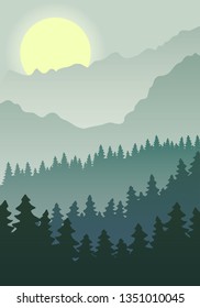 Illustration of the misty forest in mountains.