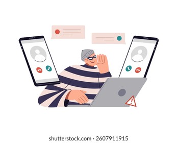 Illustration of MITM attack. Man in the middle cyberattack, active eavesdropping example. Hacker or spy intercepting information with two devices communications. Flat vector design