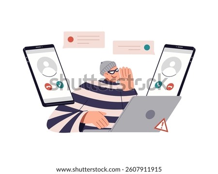 Illustration of MITM attack. Man in the middle cyberattack, active eavesdropping example. Hacker or spy intercepting information with two devices communications. Flat vector design