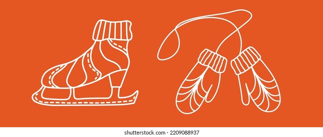Illustration of mittens and ice skate. Merry Christmas. New Year Coloring. Winter mood.